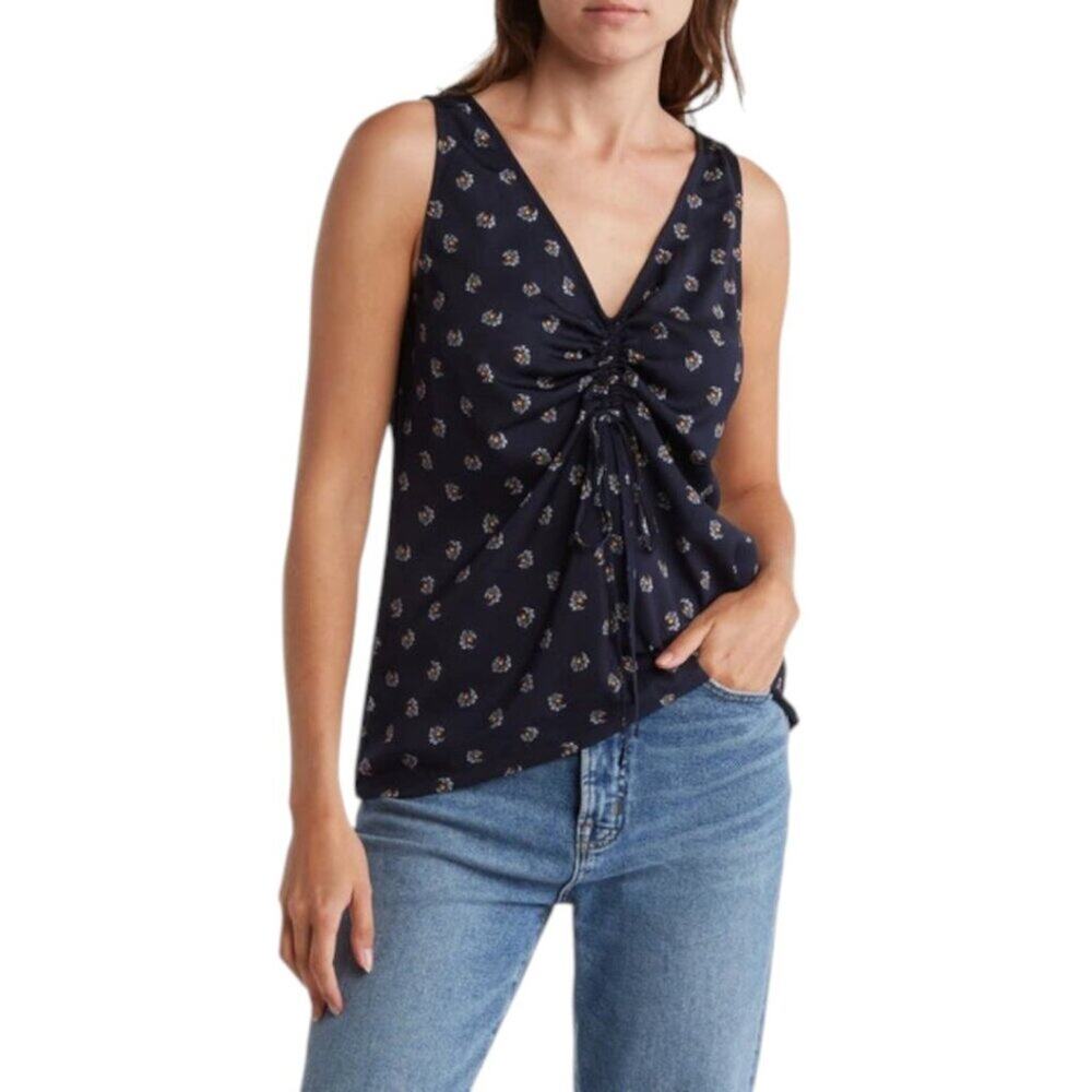 Melrose & Market Cinched Front Top Navy Esme Floral Size Small NWOT $30 MSRP